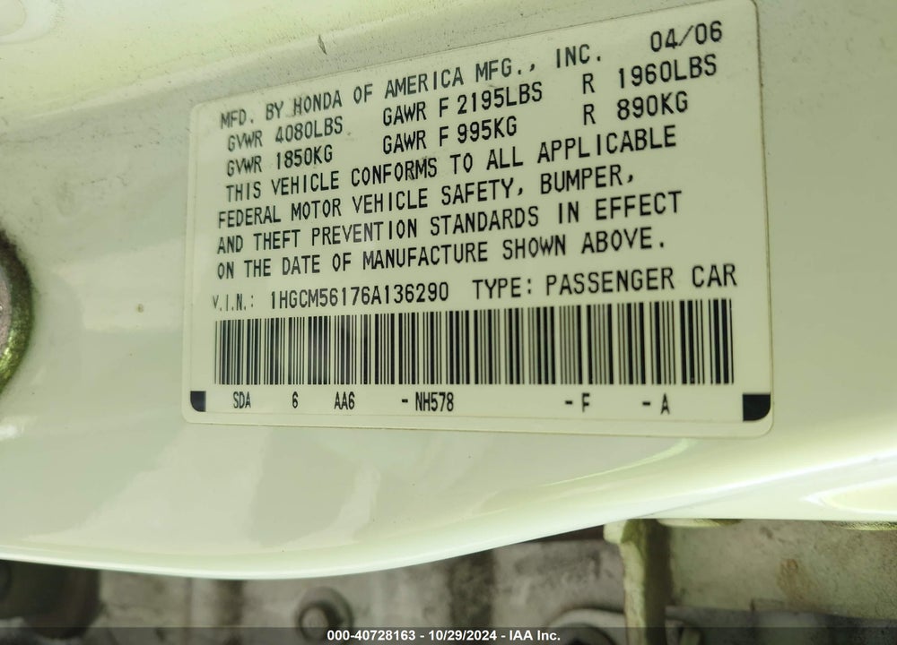 2006 HONDA ACCORD 2.4 VP VIN: 1HGCM56176A136290