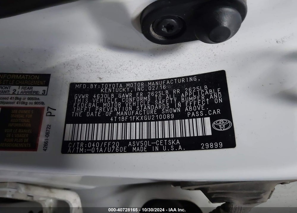 2016 TOYOTA CAMRY SE VIN: 4T1BF1FKXGU210089
