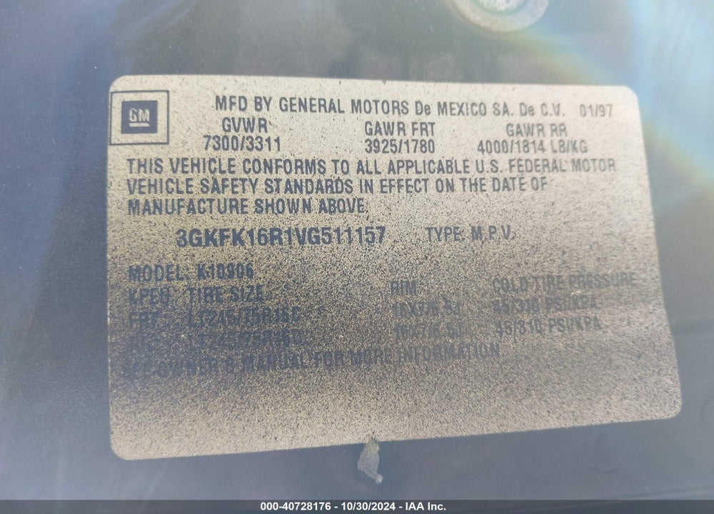 1997 GMC SUBURBAN 1500 SL VIN: 3GKFK16R1VG511157