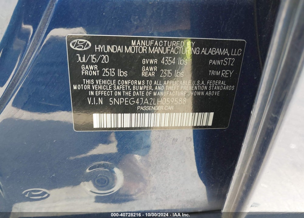 2020 HYUNDAI SONATA SE VIN: 5NPEG4JA2LH059588