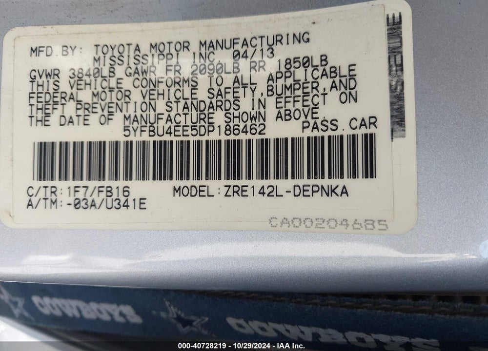 2013 TOYOTA COROLLA LE VIN: 5YFBU4EE5DP186462