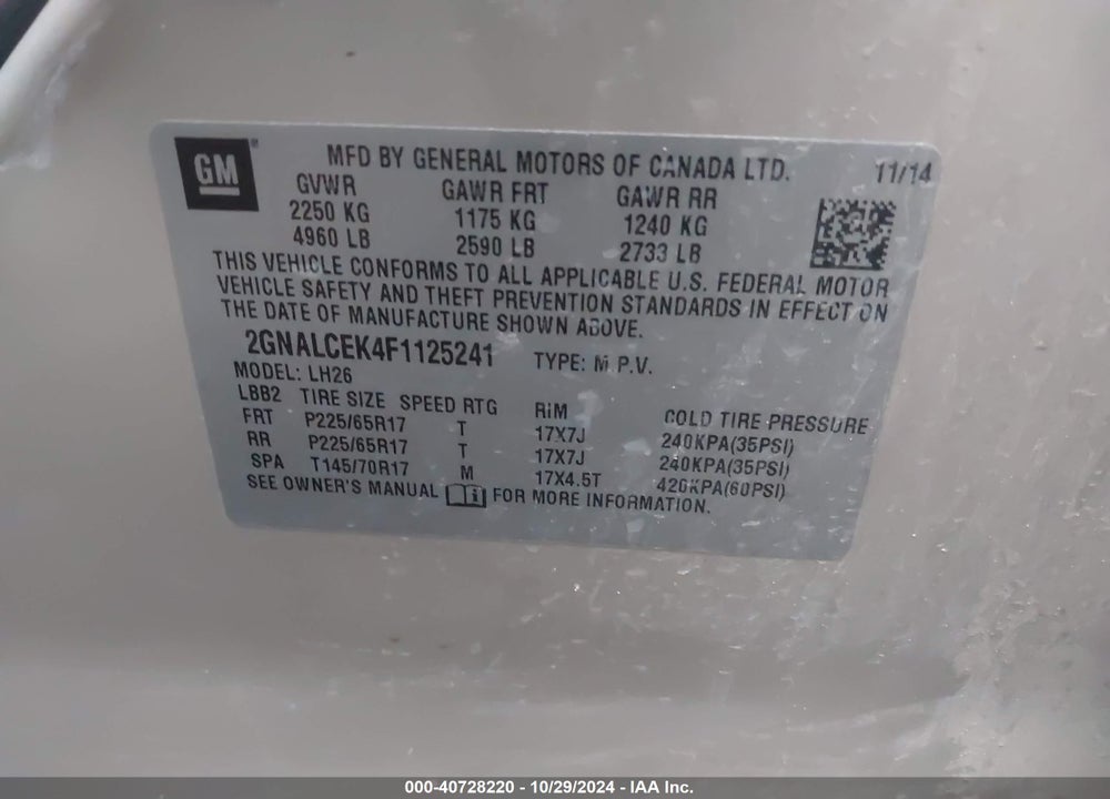 2015 CHEVROLET EQUINOX 2LT VIN: 2GNALCEK4F1125241