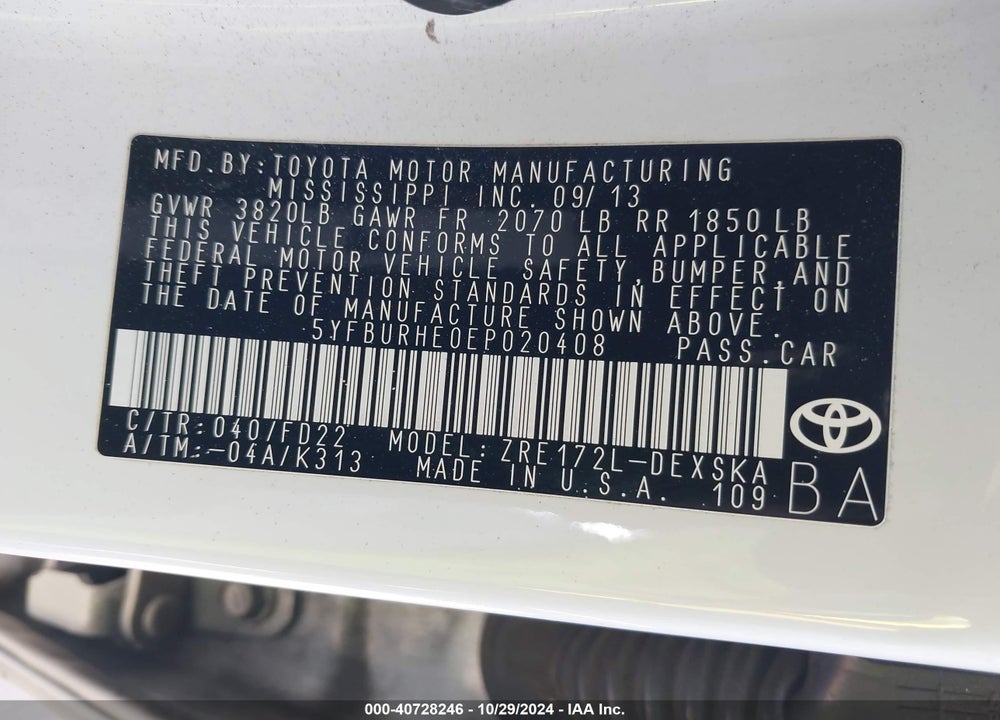 2014 TOYOTA COROLLA S PLUS VIN: 5YFBURHE0EP020408