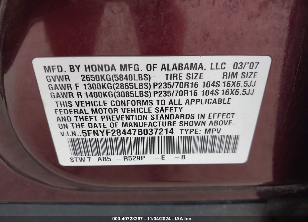2007 HONDA PILOT EX VIN: 5FNYF28447B037214