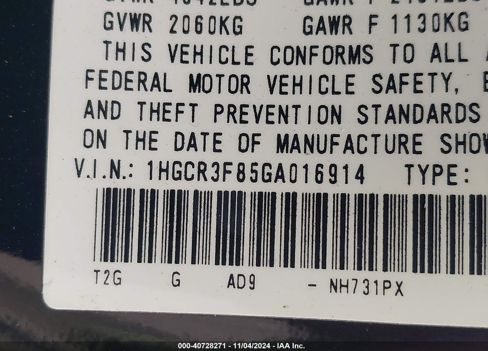 2016 HONDA ACCORD EX-L V-6 VIN: 1HGCR3F85GA016914