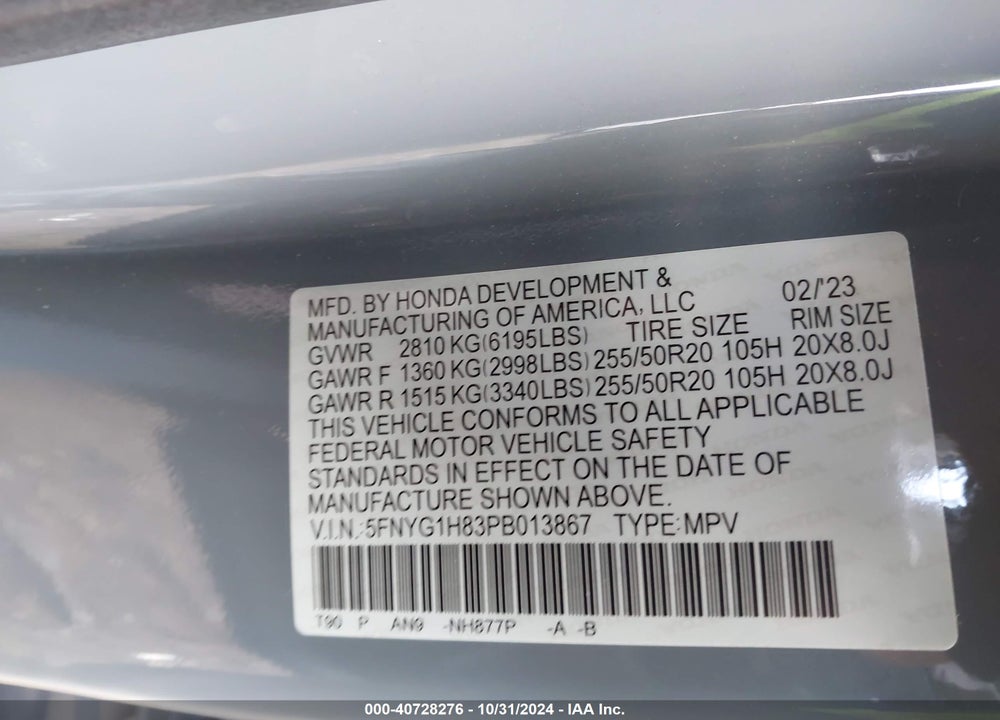 2023 HONDA PILOT AWD ELITE VIN: 5FNYG1H83PB013867