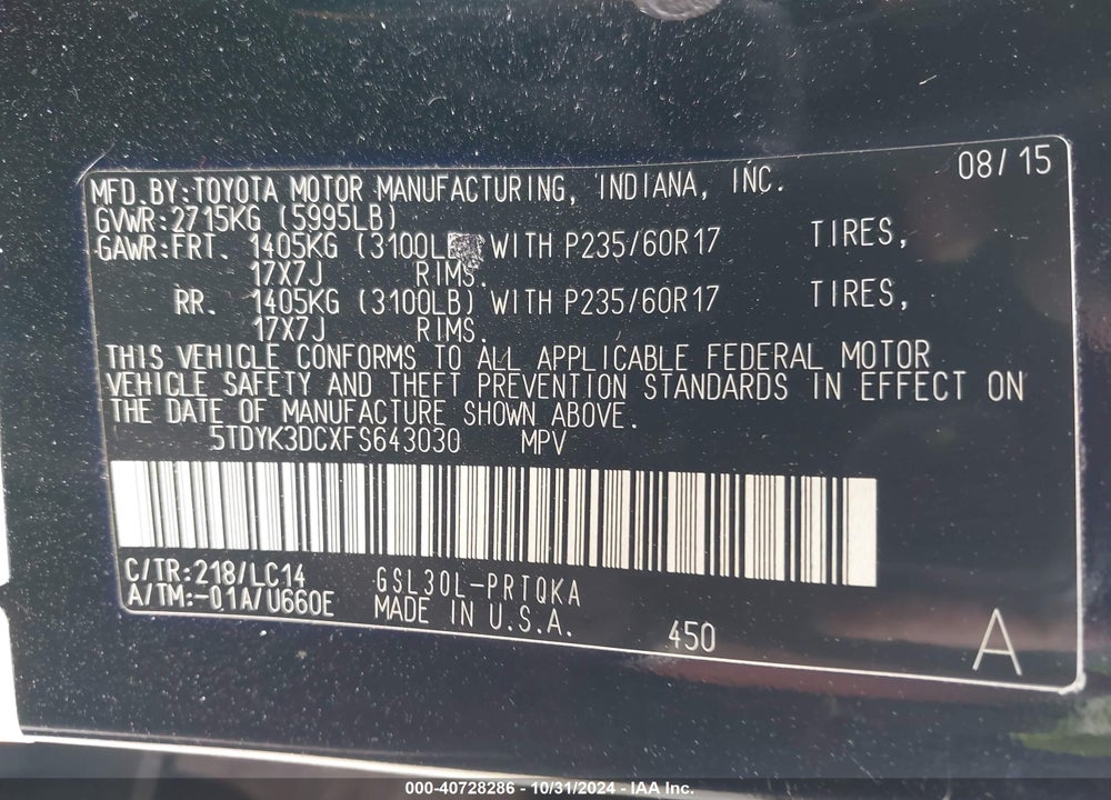 2015 TOYOTA SIENNA XLE LIMITED VIN: 5TDYK3DCXFS643030