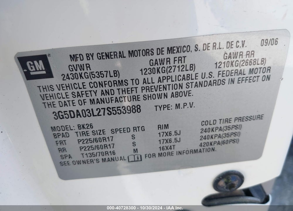 2007 BUICK RENDEZVOUS CX VIN: 3G5DA03L27S553988