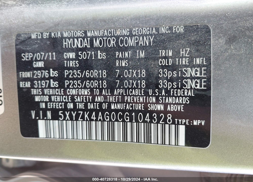 2012 HYUNDAI SANTA FE LIMITED V6 VIN: 5XYZK4AG0CG104328