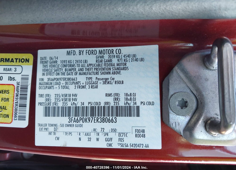 2014 FORD FUSION TITANIUM VIN: 3FA6P0K97ER380663