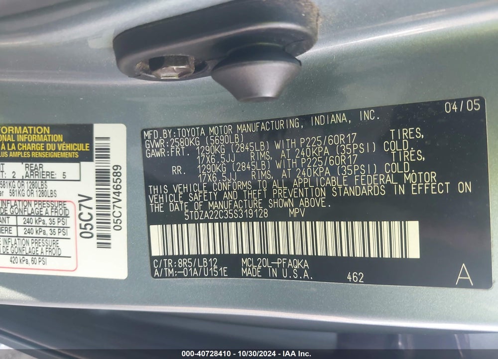 2005 TOYOTA SIENNA XLE VIN: 5TDZA22C35S319128