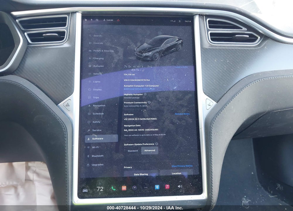 2015 TESLA MODEL S VIN: 5YJSA1H26FFP75754