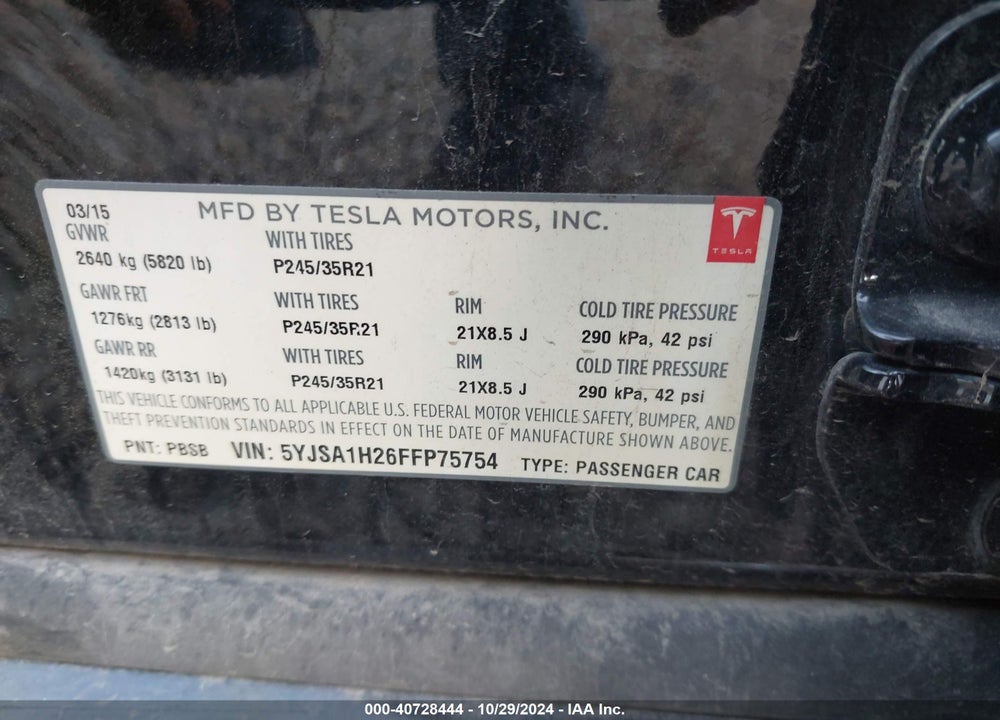 2015 TESLA MODEL S VIN: 5YJSA1H26FFP75754