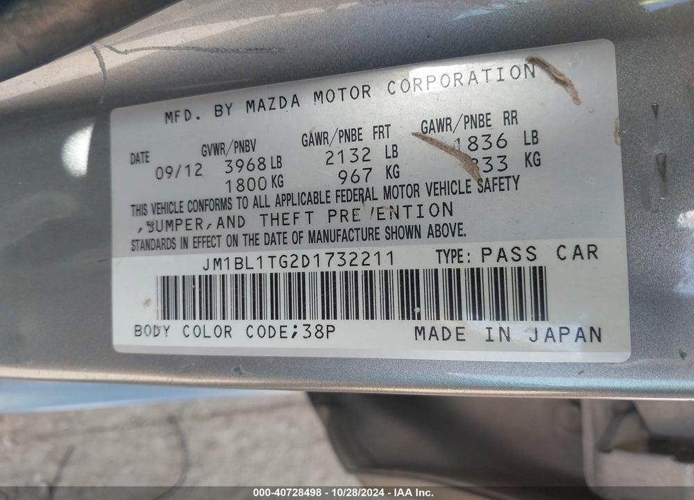 2013 MAZDA 3 I SV VIN: JM1BL1TG2D1732211
