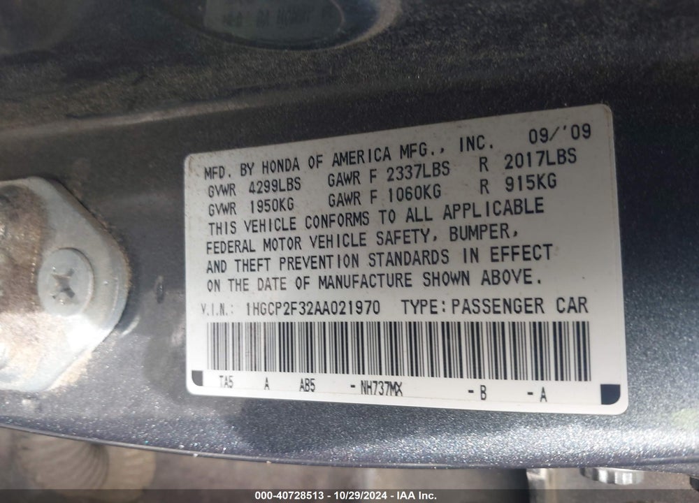 2010 HONDA ACCORD 2.4 LX VIN: 1HGCP2F32AA021970
