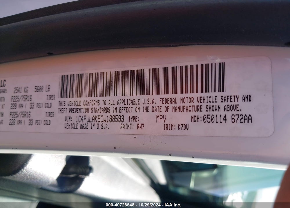 2012 JEEP LIBERTY SPORT VIN: 1C4PJLAK5CW188593