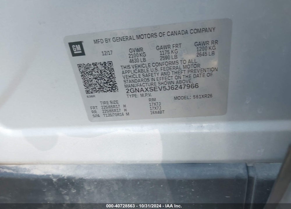2018 CHEVROLET EQUINOX LT VIN: 2GNAXSEV5J6247966