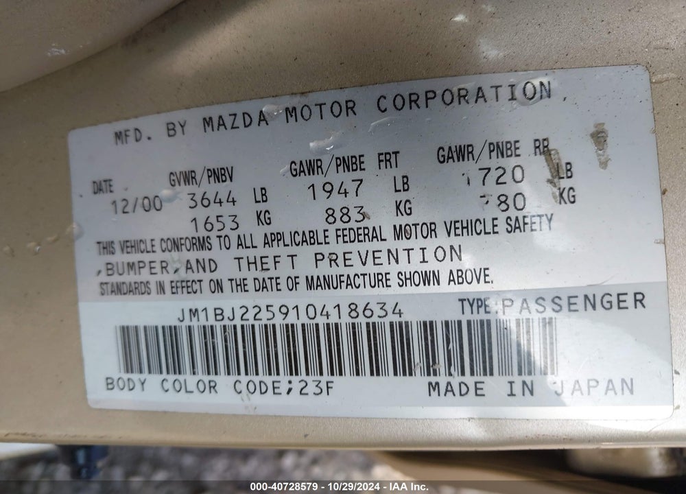 2001 MAZDA PROTEGE VIN: JM1BJ225910418634