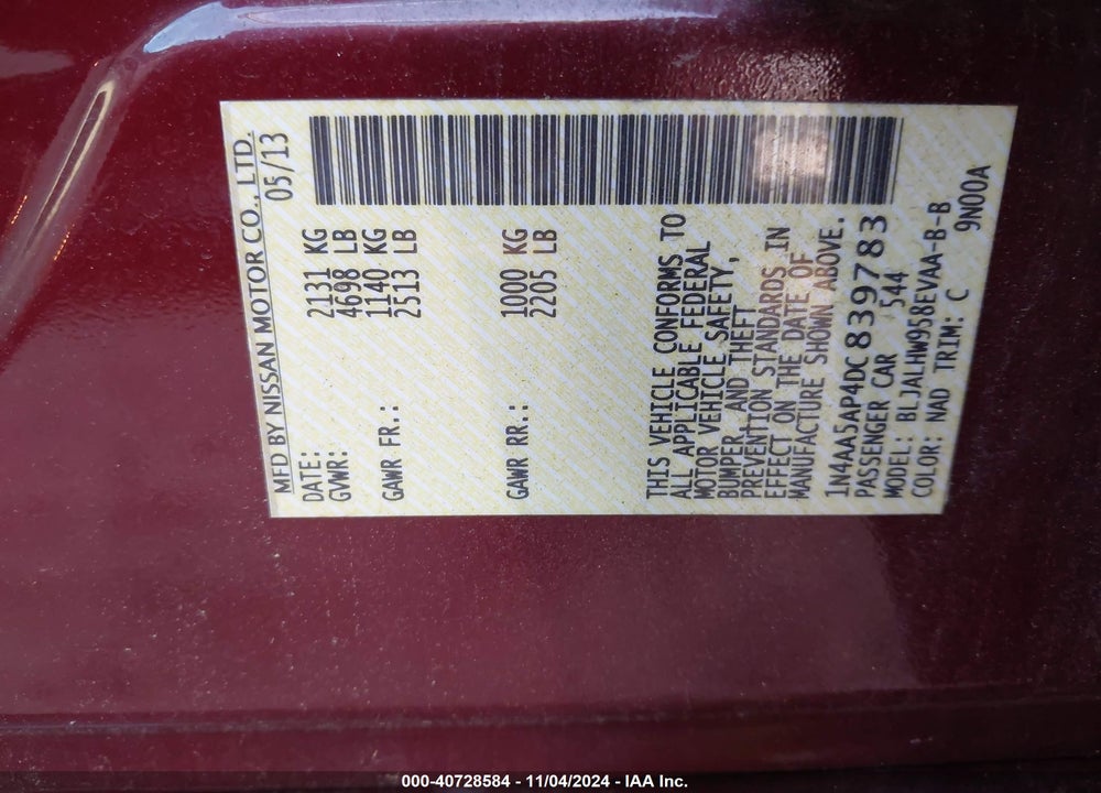 2013 NISSAN MAXIMA 3.5 SV VIN: 1N4AA5AP4DC839783
