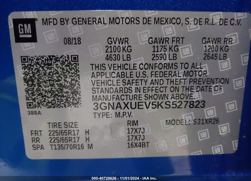 2019 CHEVROLET EQUINOX LT VIN: 3GNAXUEV5KS527823