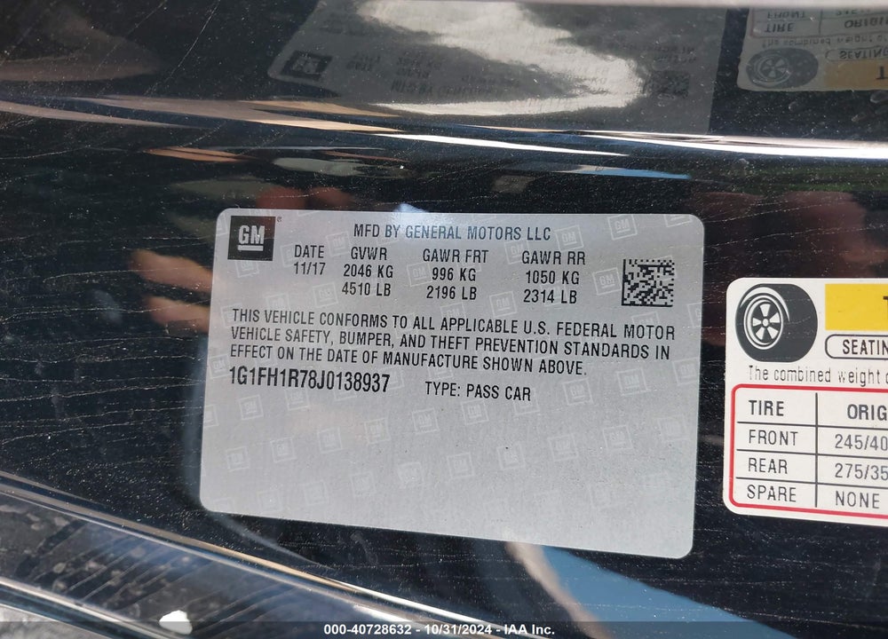 2018 CHEVROLET CAMARO 2SS VIN: 1G1FH1R78J0138937