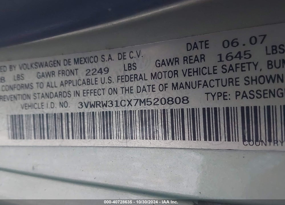 2007 VOLKSWAGEN NEW BEETLE 2.5 VIN: 3VWRW31CX7M520808