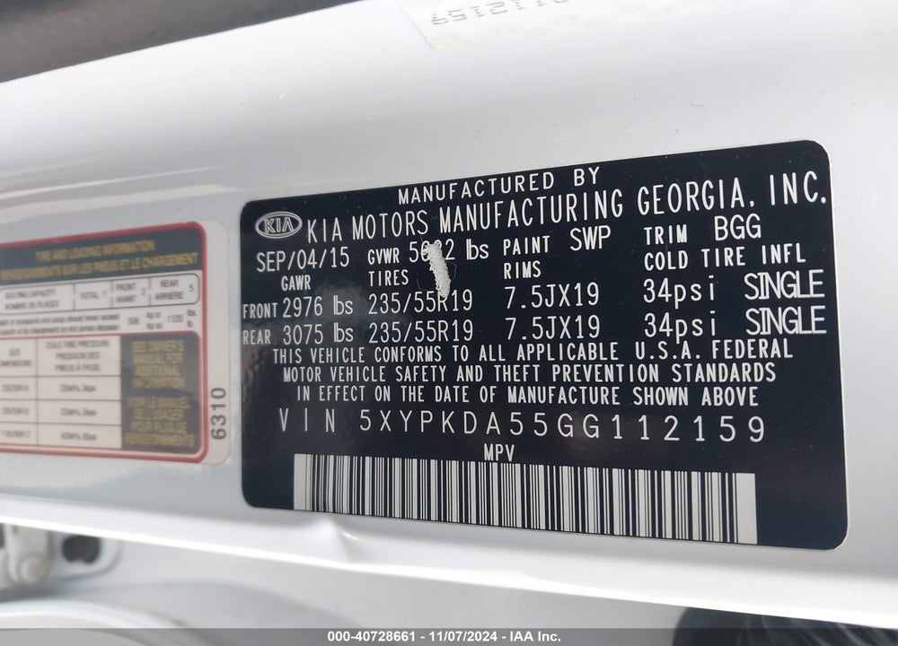 2016 KIA SORENTO 3.3L SX VIN: 5XYPKDA55GG112159