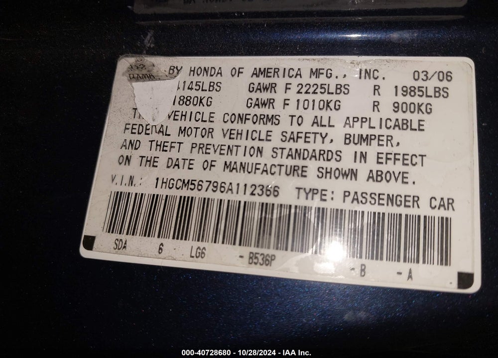 2006 HONDA ACCORD 2.4 EX VIN: 1HGCM56796A112366