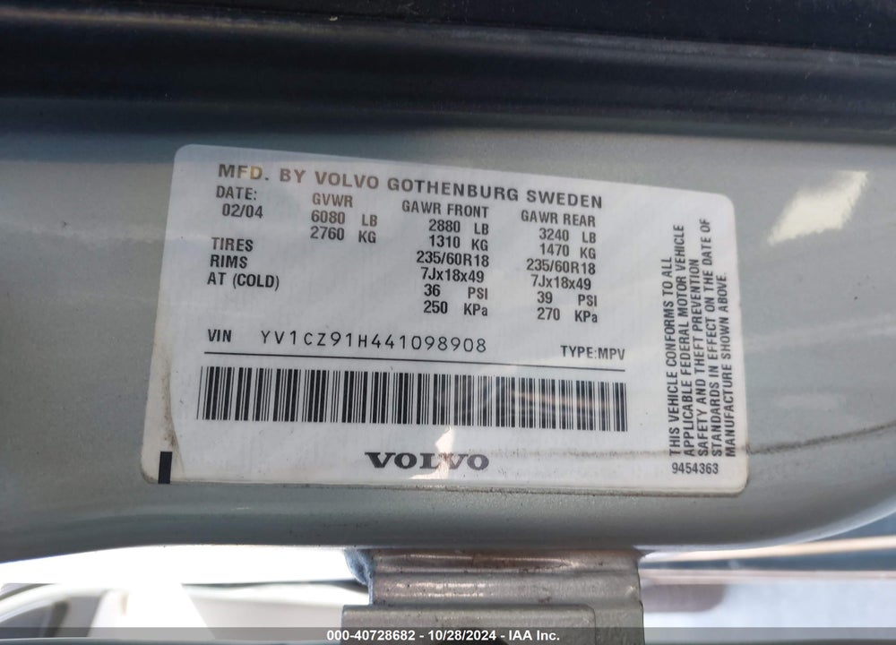 2004 VOLVO XC90 T6 VIN: YV1CZ91H441098908