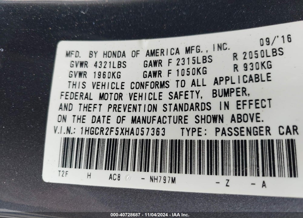 2017 HONDA ACCORD SPORT VIN: 1HGCR2F5XHA057363