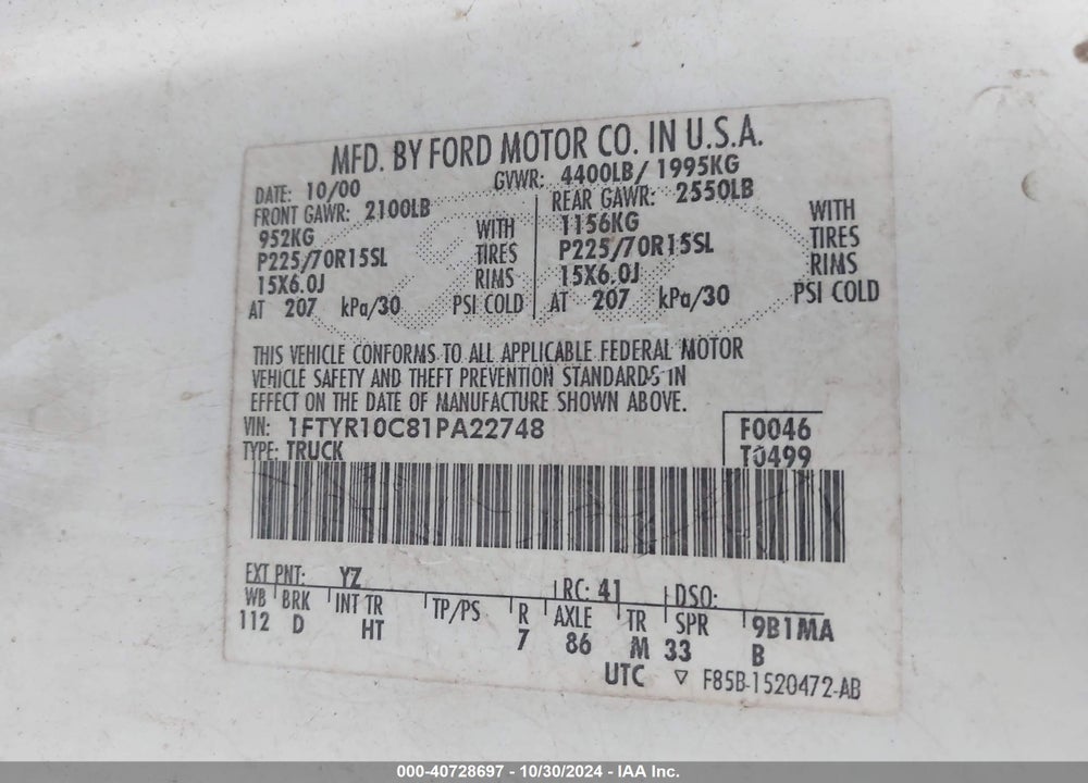 2001 FORD RANGER XL/XLT VIN: 1FTYR10C81PA22748