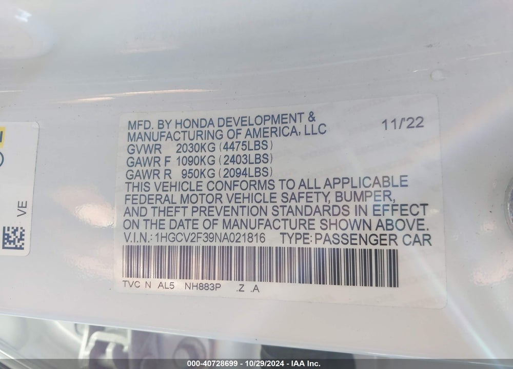 2022 HONDA ACCORD SPORT 2.0T VIN: 1HGCV2F39NA021816