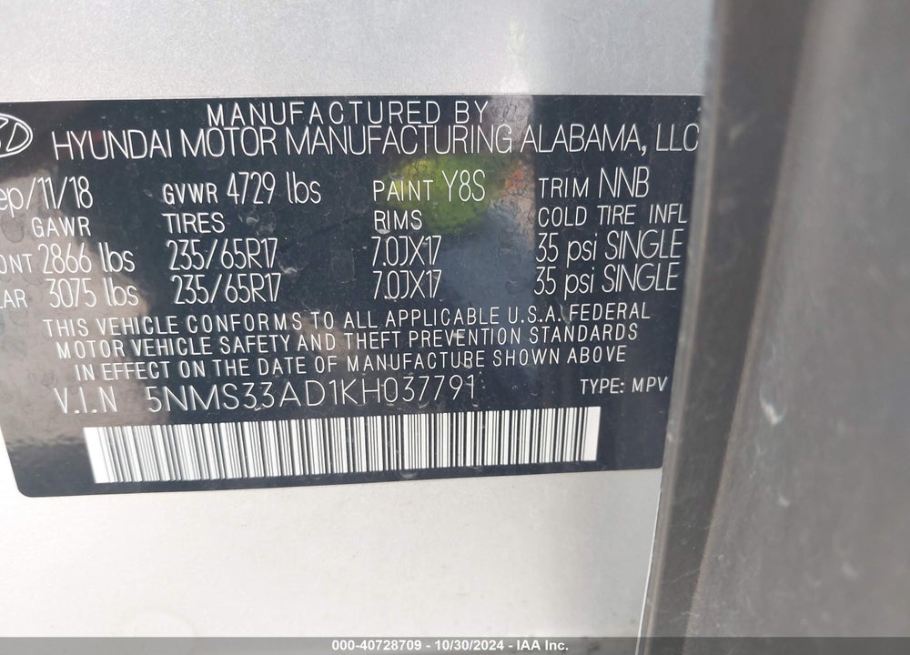 2019 HYUNDAI SANTA FE SEL VIN: 5NMS33AD1KH037791