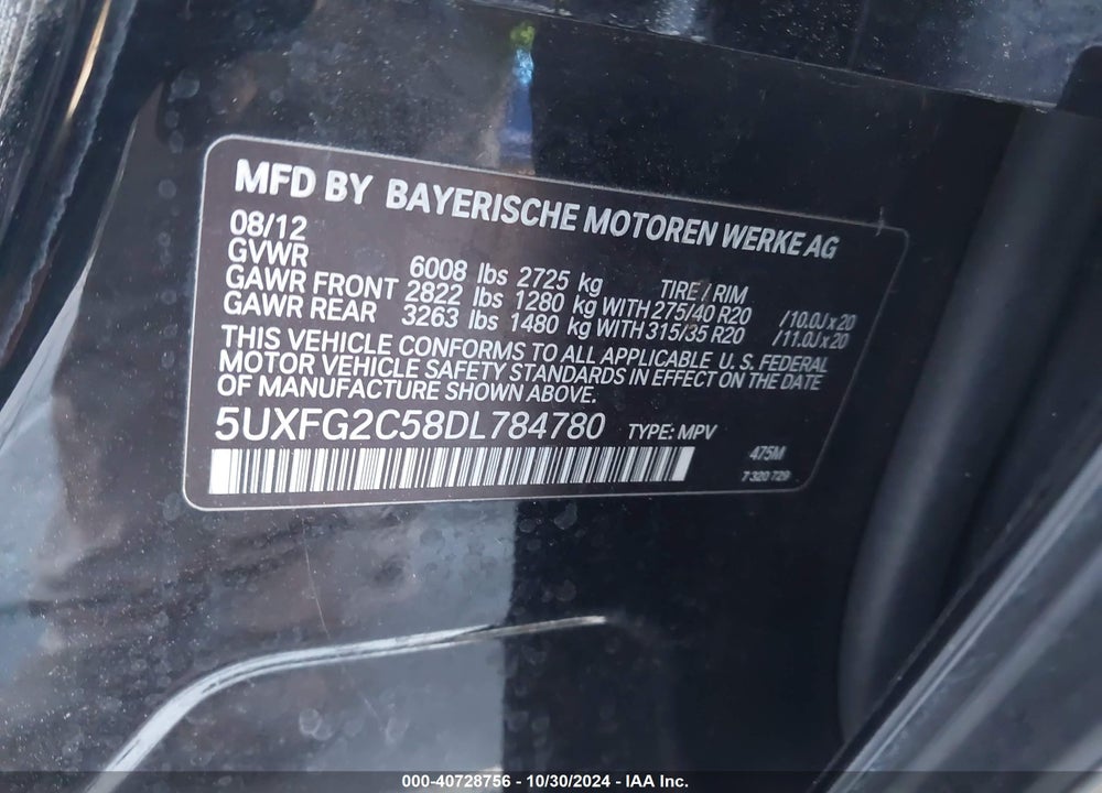 2013 BMW X6 XDRIVE35I VIN: 5UXFG2C58DL784780
