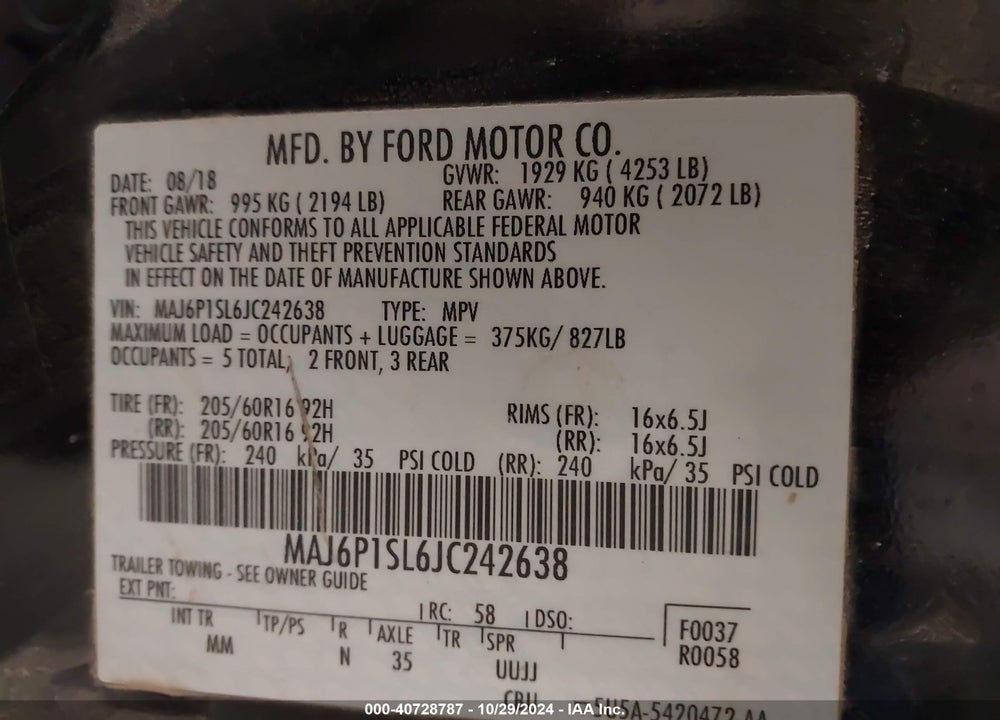 2018 FORD ECOSPORT S VIN: MAJ6P1SL6JC242638