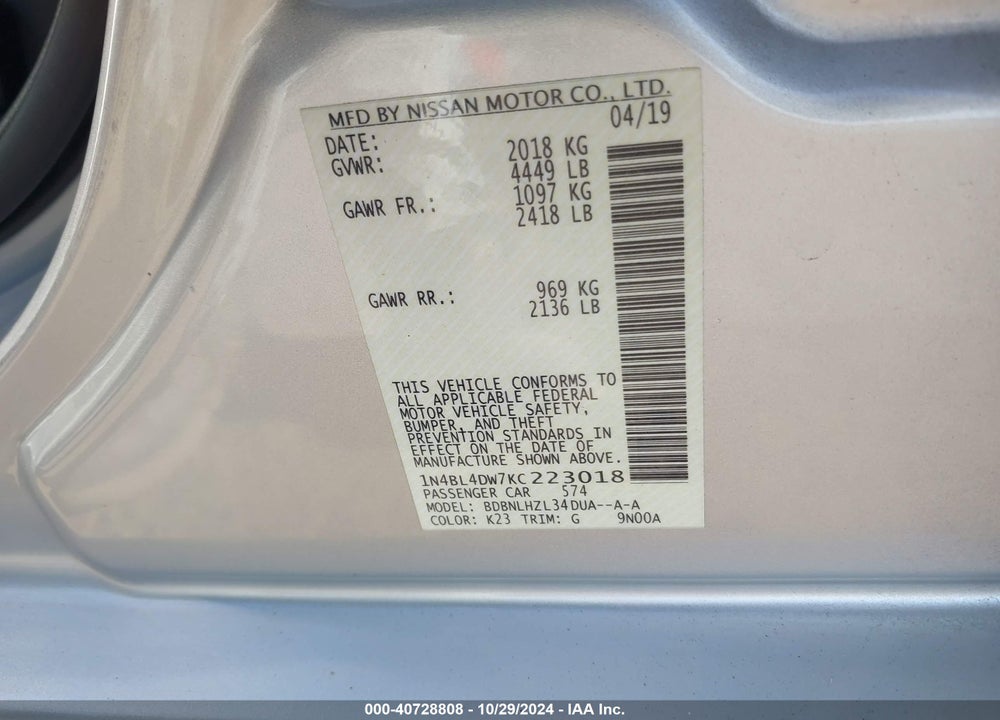 2019 NISSAN ALTIMA 2.5 SV VIN: 1N4BL4DW7KC223018