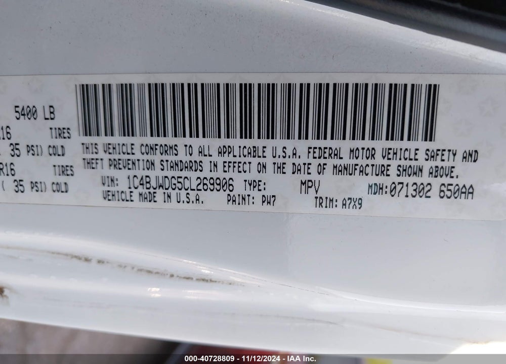 2012 JEEP WRANGLER UNLIMITED SPORT VIN: 1C4BJWDG5CL269906