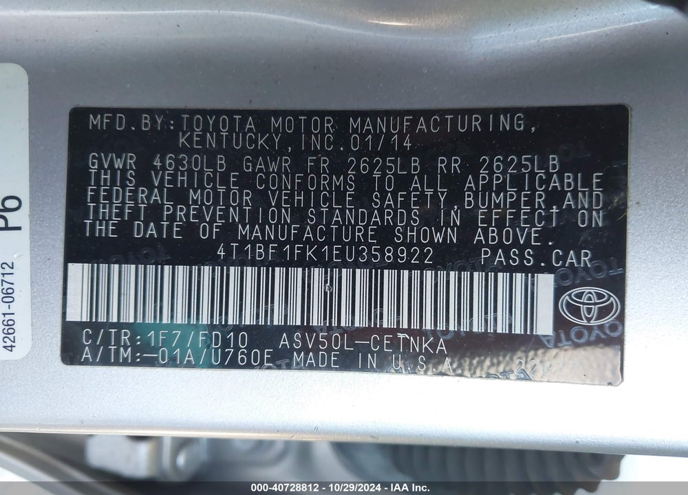2014 TOYOTA CAMRY LE VIN: 4T1BF1FK1EU358922