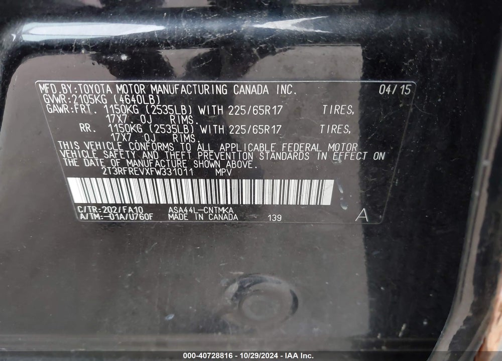 2015 TOYOTA RAV4 XLE VIN: 2T3RFREVXFW331011