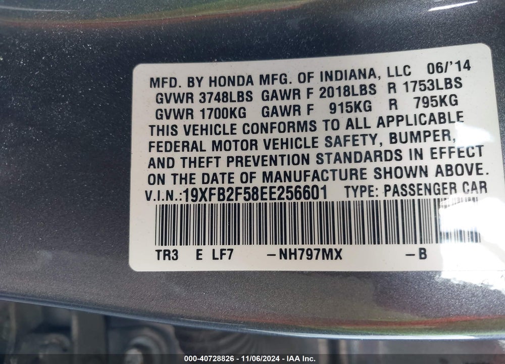 2014 HONDA CIVIC VIN: 19XFB2F58EE256601