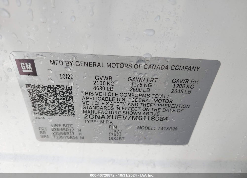 2021 CHEVROLET EQUINOX AWD LT VIN: 2GNAXUEV7M6118384