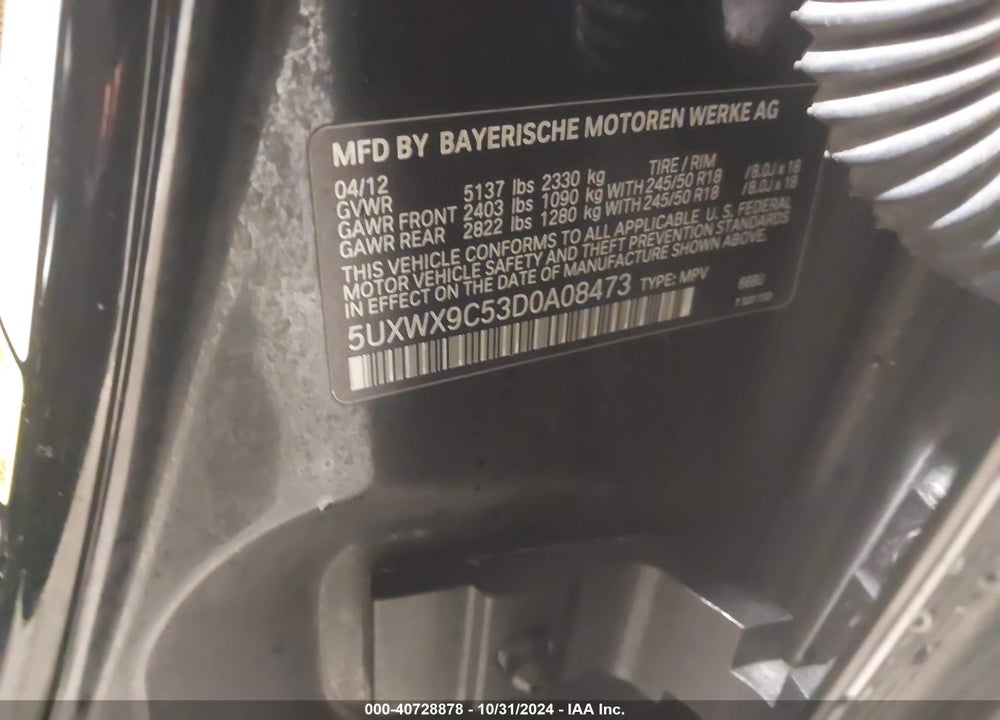2013 BMW X3 XDRIVE28I VIN: 5UXWX9C53D0A08473