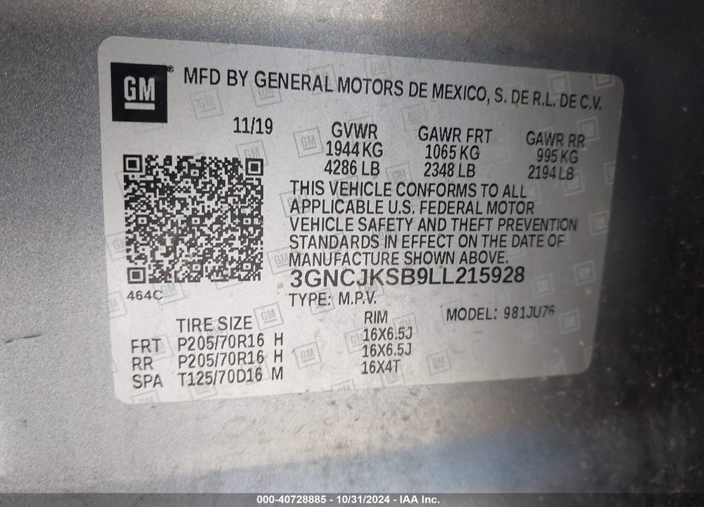 2020 CHEVROLET TRAX FWD LS VIN: 3GNCJKSB9LL215928