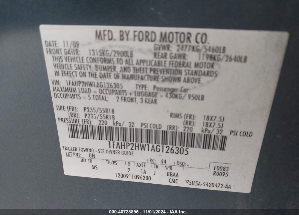 2010 FORD TAURUS SEL VIN: 1FAHP2HW1AG126305