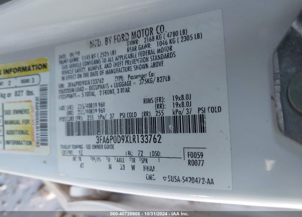 2020 FORD FUSION TITANIUM VIN: 3FA6P0D9XLR133762