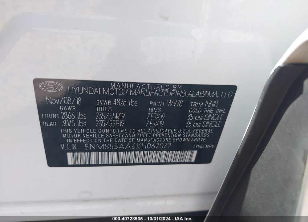 2019 HYUNDAI SANTA FE LIMITED 2.0T VIN: 5NMS53AA6KH062072