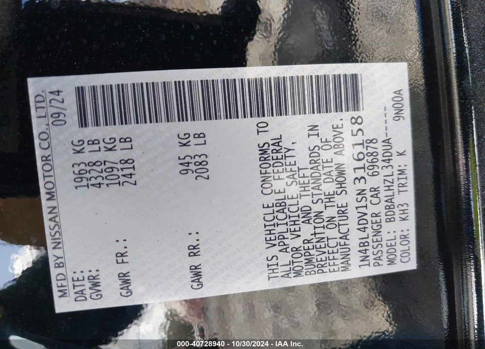 2025 NISSAN ALTIMA SV FWD VIN: 1N4BL4DV1SN316158