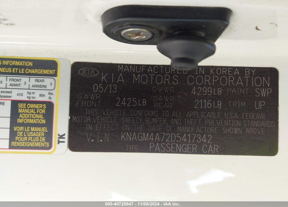 2013 KIA OPTIMA LX VIN: KNAGM4A72D5417342