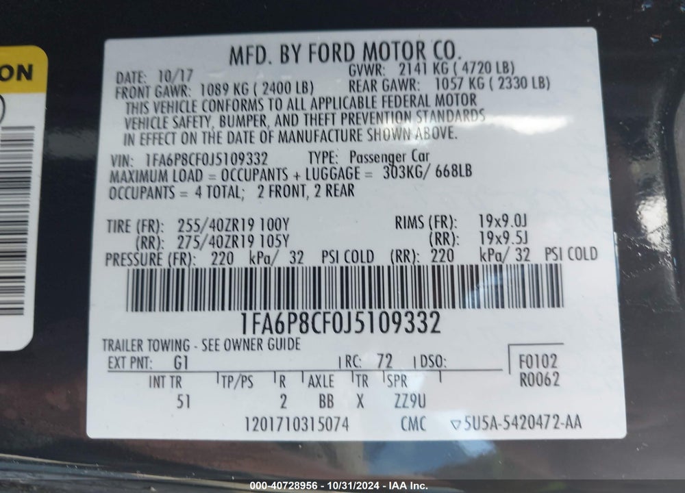 2018 FORD MUSTANG GT PREMIUM VIN: 1FA6P8CF0J5109332
