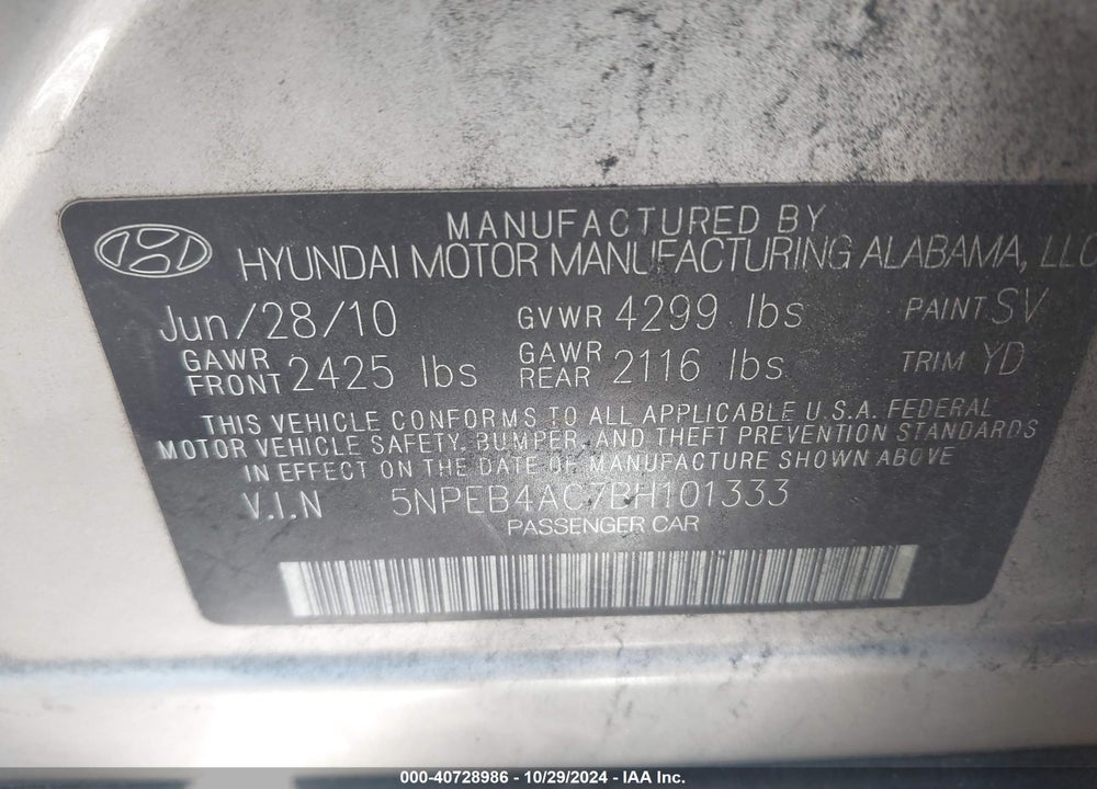 2011 HYUNDAI SONATA GLS VIN: 5NPEB4AC7BH101333